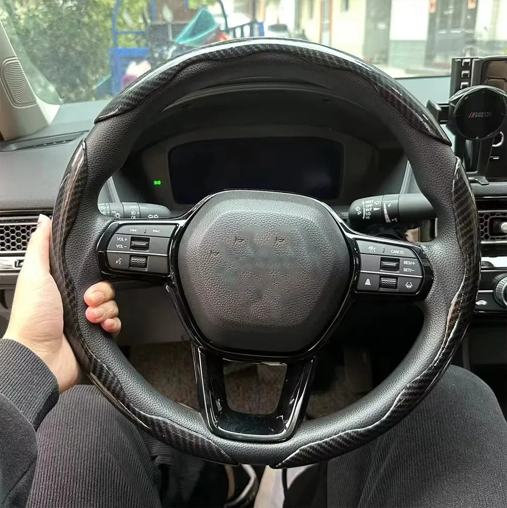 3PCS Laser Carbon Fiber Silicone Car Steering Wheel Cover 1K Micro Fiber Leather PVC Wheel Booster Cover Non-Slip Universal