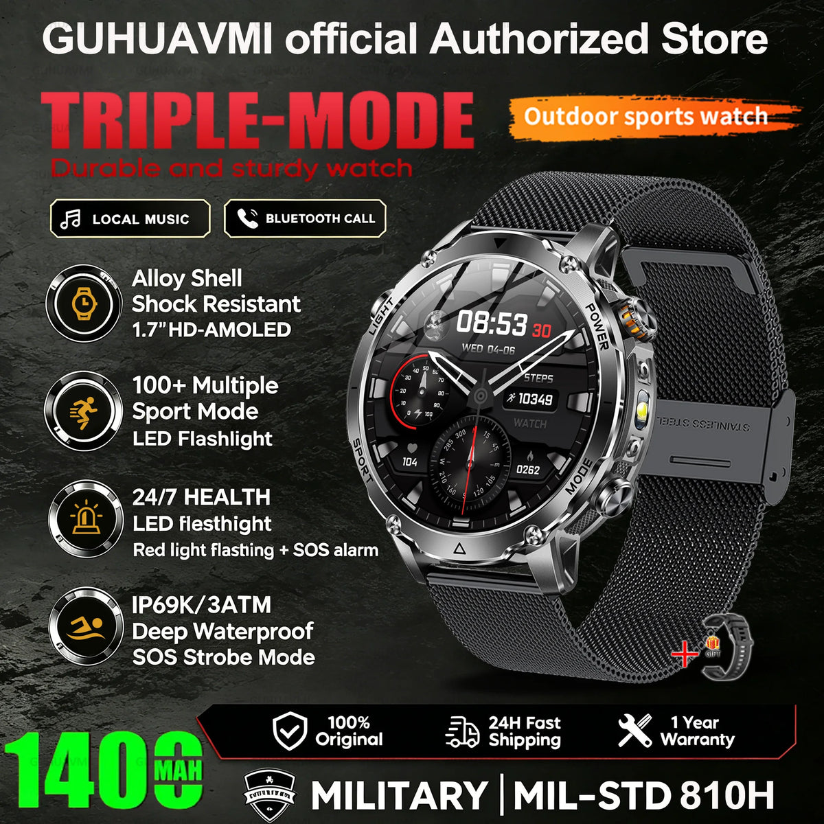 2026 New Smart Watch Bluetooth Call 1400mAh Large Battery Sport Heart Rate 1.7" Military Outdoor Men Smartwatch For Android IOS