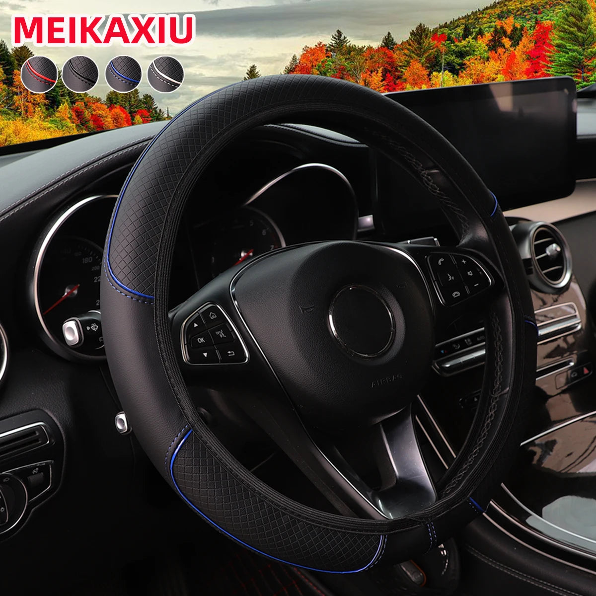 A Leather Embossed Red Blue Strip Trim Car Without Inner Ring Steering Wheel Cover Fits 14.5-15" 37-38cm Car Interior Supplies