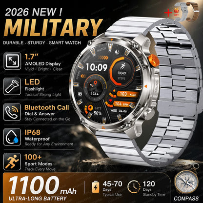 New Men Outdoor Military 1100mAh Large Battery Smart Watch Compass GPS Track IP68 Waterproof LED Flashlight BT Call Smartwatch