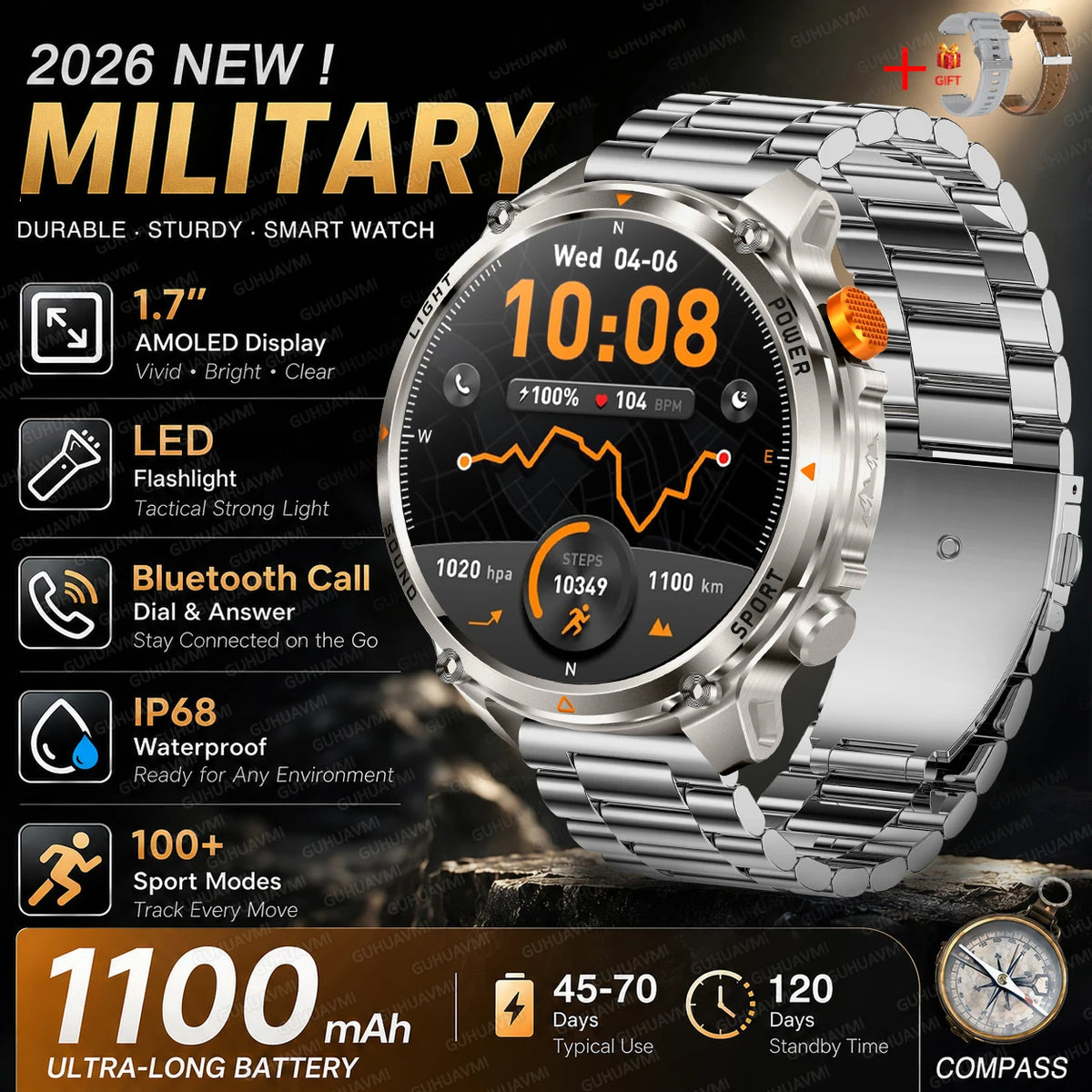 New Men Outdoor Military 1100mAh Large Battery Smart Watch Compass GPS Track IP68 Waterproof LED Flashlight BT Call Smartwatch