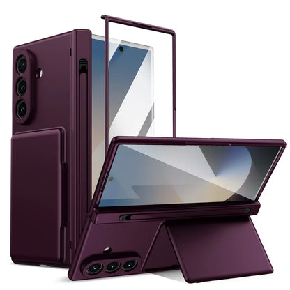 Hinge Wallet Card Slot Bracket Phone Case For Samsung Galaxy Z Fold 8Ultra 7 6 5 With Screen Glass Protect Film S Pen Slot Cover