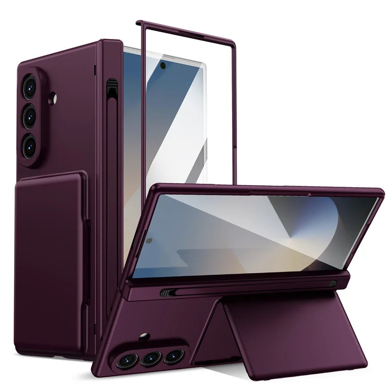 Hinge Wallet Card Slot Bracket Phone Case For Samsung Galaxy Z Fold 8Ultra 7 6 5 With Screen Glass Protect Film S Pen Slot Cover