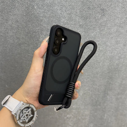 Business Matte Translucent Invisible Bracket Magnetic Case for Samsung Galaxy S26 S25 S24 S23 Ultra Plus FE Wrist Strap Cover