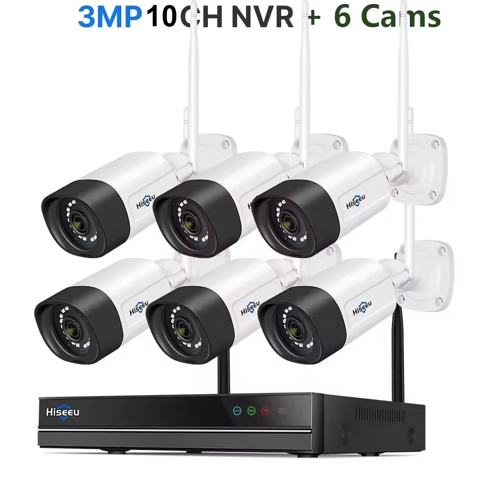 Hiseeu 5MP Wifi Surveillance Camera System Color Night Vision P2P Wireless Street Security CCTV Camera Kit 10CH Wireless NVR Set