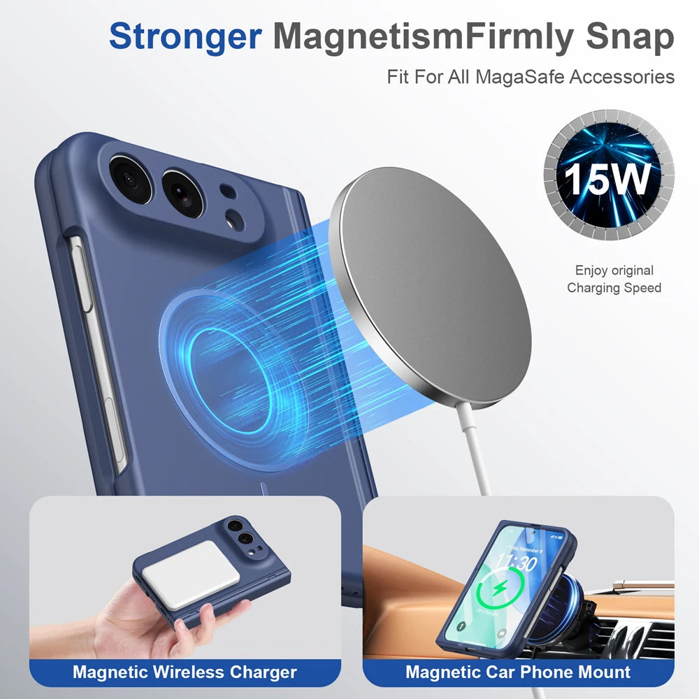 KEYSION Magnetic Fold Phone Case for MagSafe for iPhone Duo Matte Hard PC Shockproof Back Cover With Hinge+ HD Screen Protector