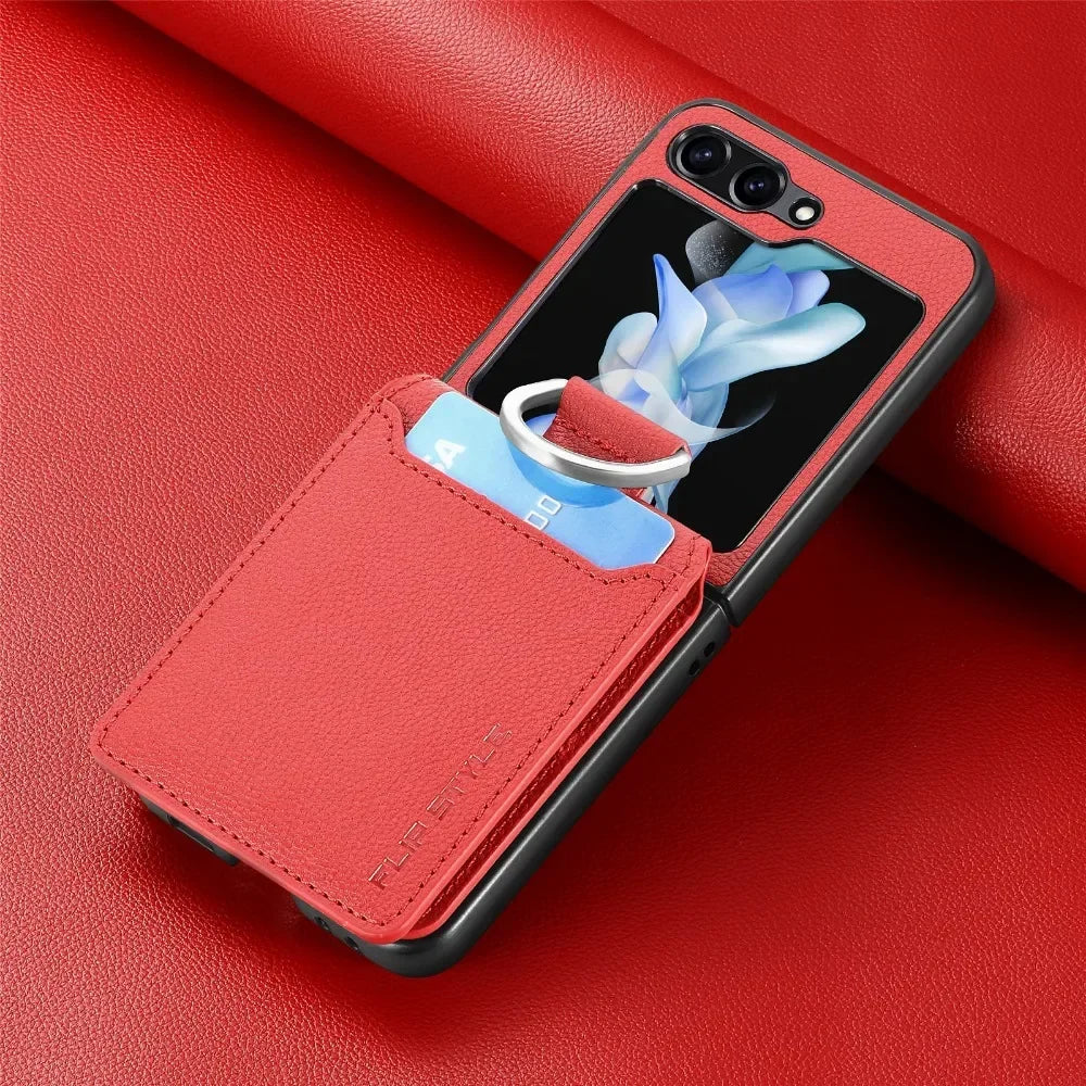 PU Leather for Samsung Z Flip 8 7 6 5 4 3 Flip6 Flip5 Flip4 Flip3 Flip7 Litchi Pattern Cover Ring Card Holder Wallet Phone Case