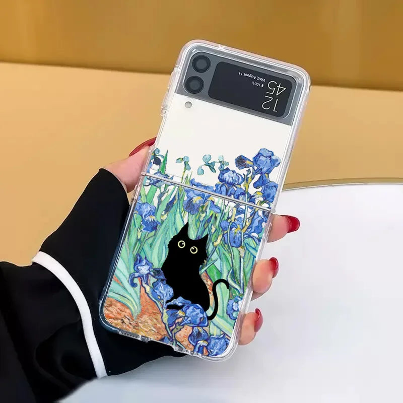 Retro Painting Van-Gogh Black Cat Case for Samsung Galaxy Z Flip 6 ZFlip7 Transaprent Cover for Samsung ZFlip 8 5 4 3 Fundas