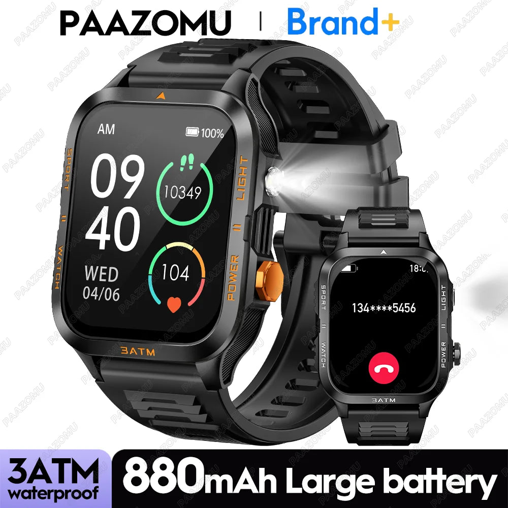 Smartwatch 3ATM Waterproof 1.96''HD Screen BT Call Health Monitor Flashlight 880MAH Battery Sports Smart Watch For Android iOS