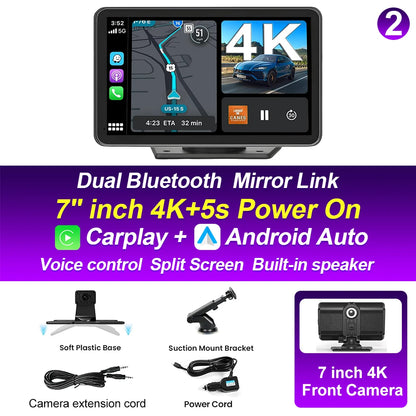 XIMA 7 inch Dash Cam 4K Car DVR Wireless Carplay Android Auto GPS Navigation Video Recorder Dashboard Dual Lens Reversing