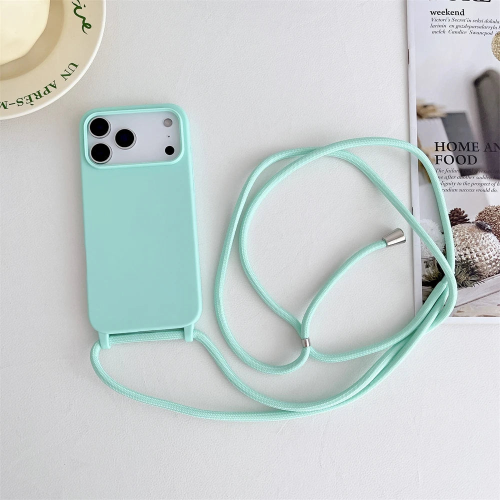 Crossbody Lanyard Cord Liquid Silicone Soft Phone Case for Apple IPhone 17 Air 16 15 14 Plus 13 Pro Max Matte Strap Candy Cover
