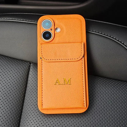 Custom Initials Name Letter Card Bag Leather Case For iPhone 17 16 15 14 13 12 11 Pro Max Air Card Slot Holder Shockproof Cover