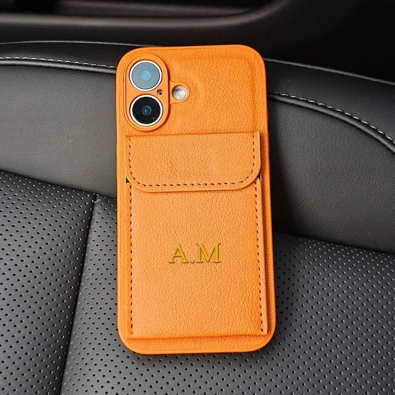 Custom Initials Name Letter Card Bag Leather Case For iPhone 17 16 15 14 13 12 11 Pro Max Air Card Slot Holder Shockproof Cover