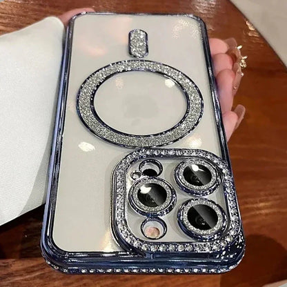 New Fashion Glitter Diamond Transparent Case For iPhone 17 16 15 14 13 11 12 Pro Max Funda Magnetic Wireless Charge Bumper Cover