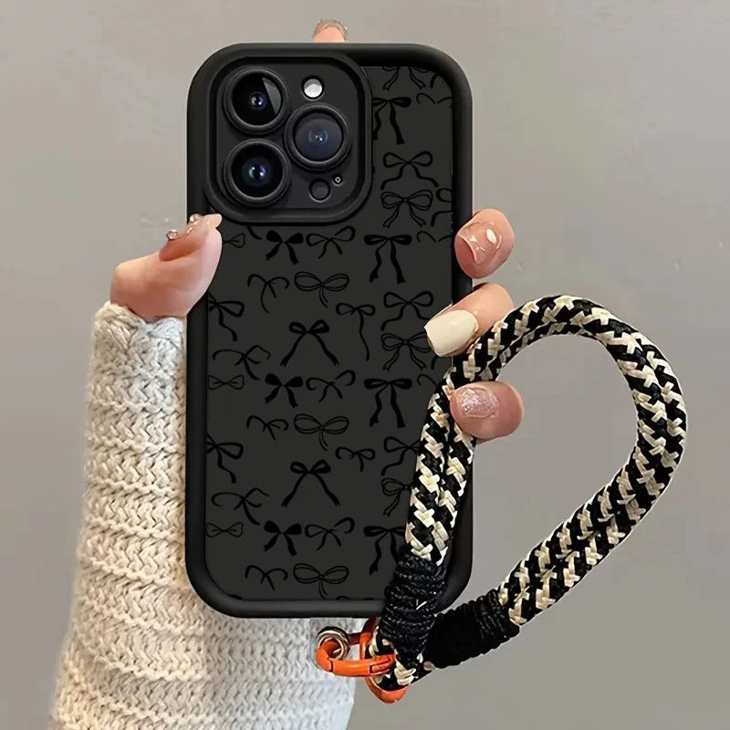 Cute Black Bow Pattern Hang Strap Phone Case For Samsung Galaxy Note 20 S24 S22 S23 S25 S26 Plus S24 FE S23 S24 S25 Ultra Cover