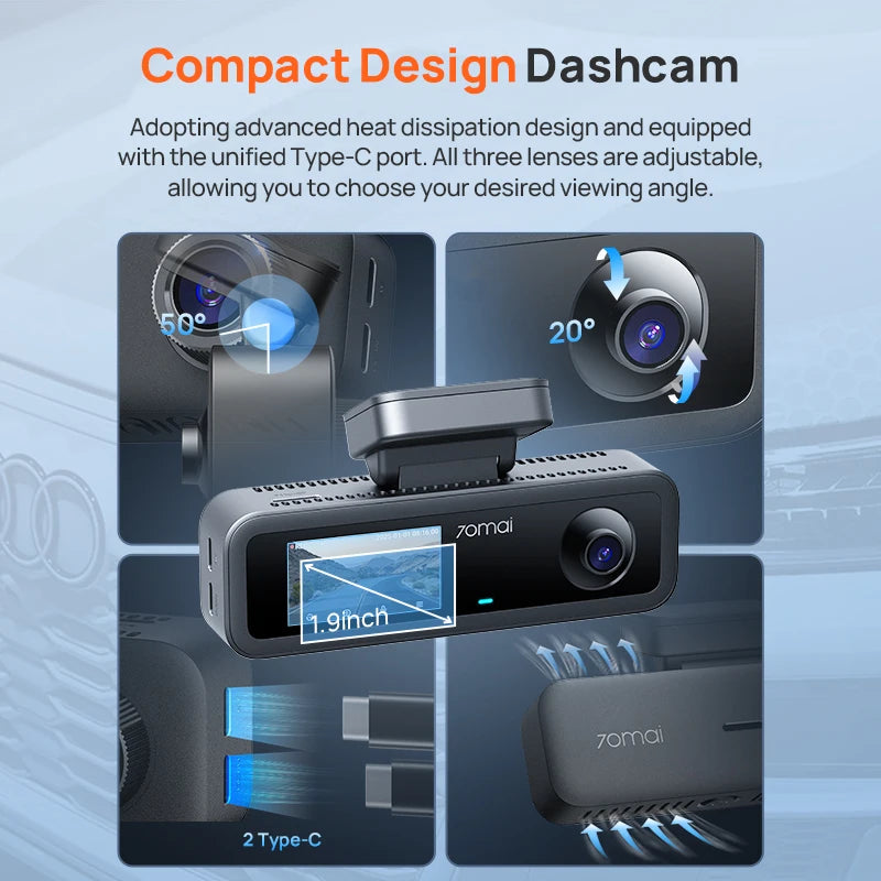 70mai T800E 3-Channel Dash Camera 4K+1080P Triple View HDR Supercapacitor GPS WiFi 6 70mai T800E Car DVR Voice Control