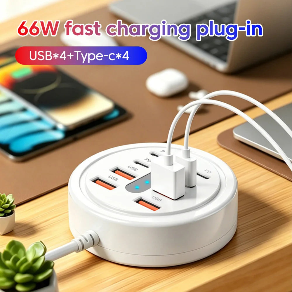 8-in-1 USB Charger Socket Docking Station 4USB+Type-C Power Strip Fast Charging Mobile Adapter Socket