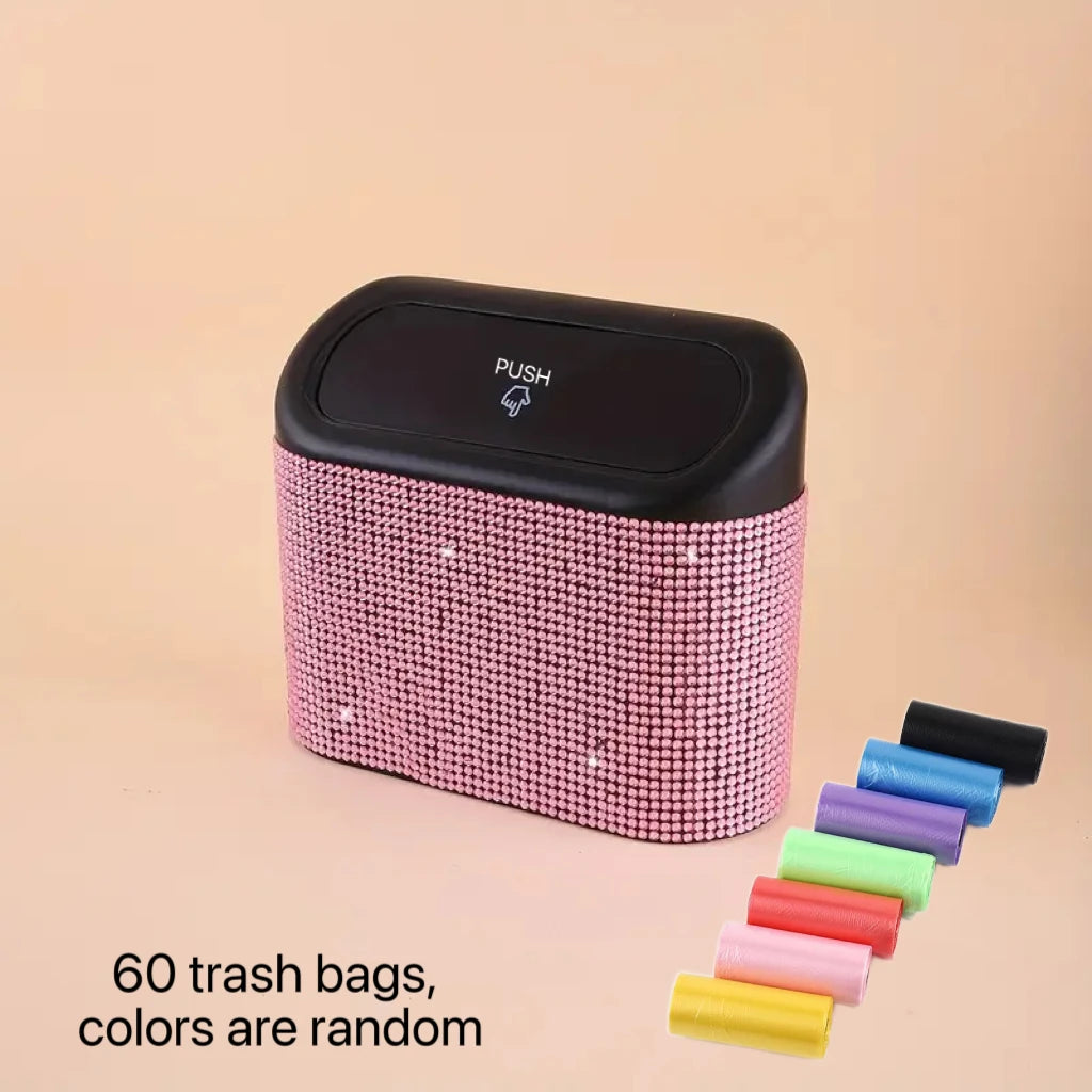 Artificial Rhinestone-Embellished Car Trash Can with 60 Dedicated Trash Bags, Car Interior Hanging Storage Box with Automatic Lid, Multifunctional Car Accessory