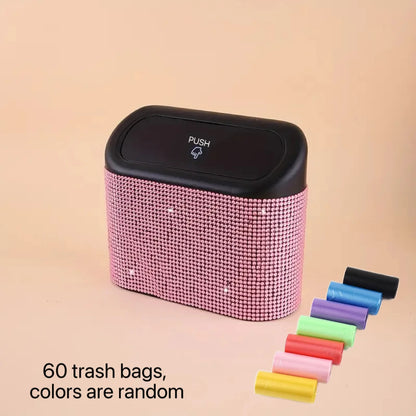 Artificial Rhinestone-Embellished Car Trash Can with 60 Dedicated Trash Bags, Car Interior Hanging Storage Box with Automatic Lid, Multifunctional Car Accessory