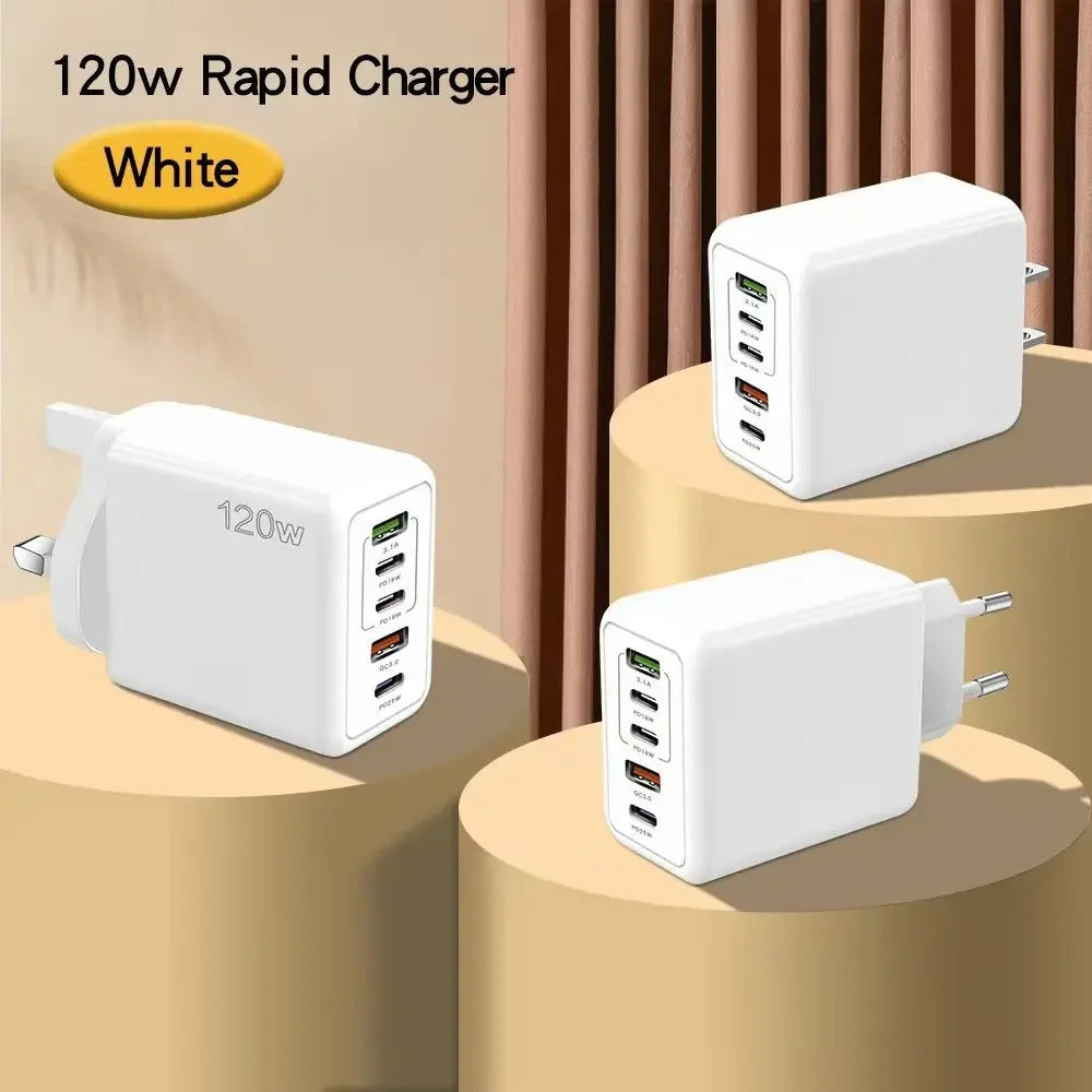 120W 5 Ports USB Charger Type C Fast Charging Mobile Phone Travel Wall Adapter For iPhone 15 Samsung Xiaomi Huawei EU/US/UK Plug