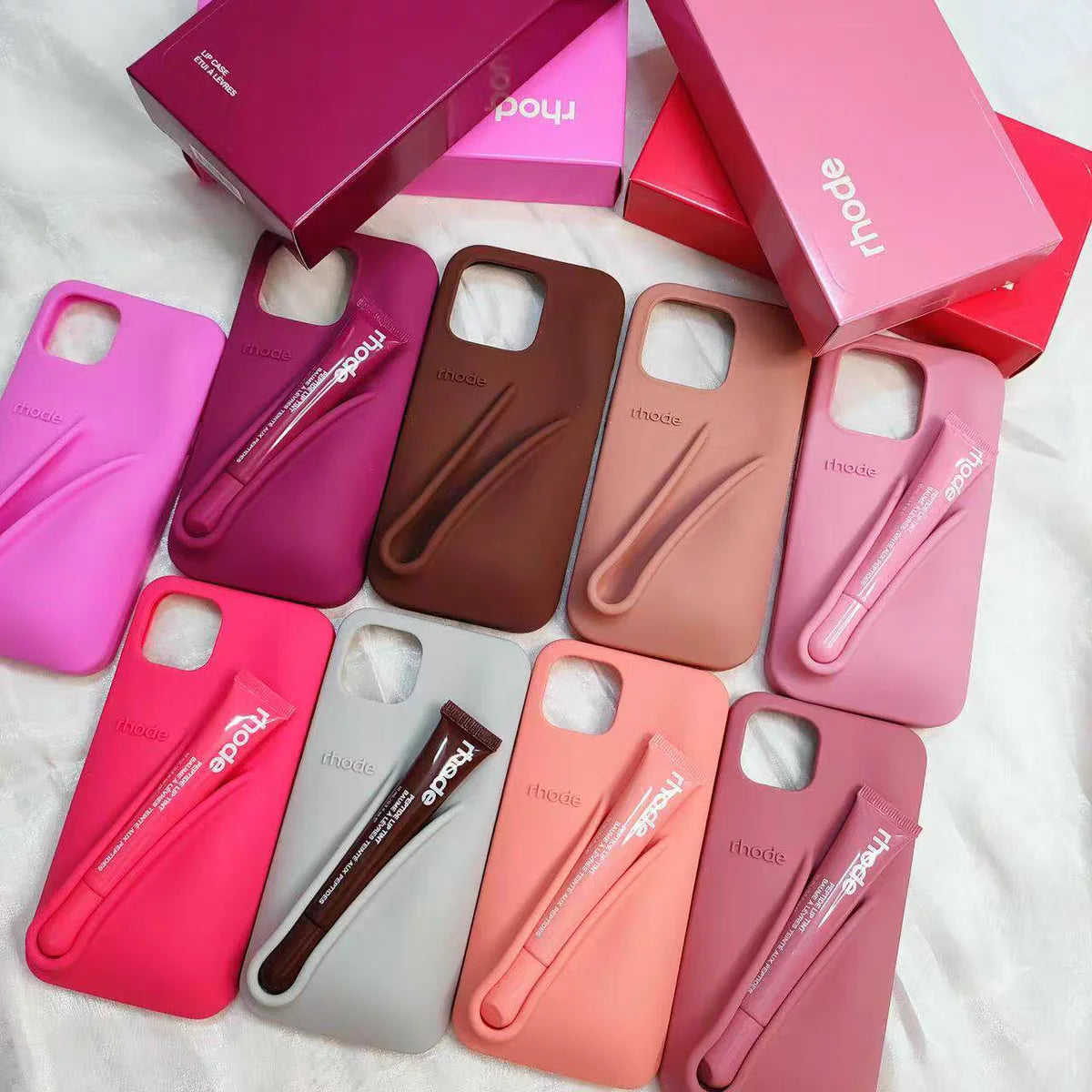With Lipstick&Box Lip Gloss Holder Phone Case For iPhone Air 17 16 15 14 13 12 Pro Max Rhode Lipstick Trendy Silicone tpu Cover