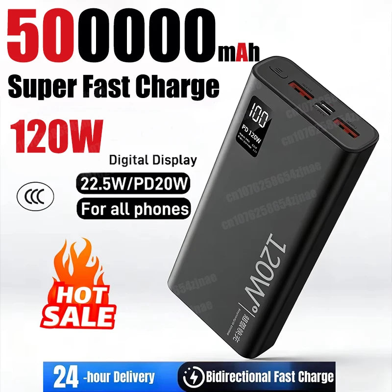 120W Power Bank 500000mAh Large Capacity Super Fast Charge Power Bank Portable Battery Charger For iPhone Samsung Huawei Xiaomi