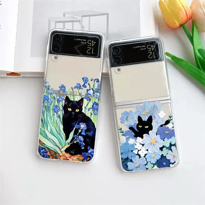Retro Painting Van-Gogh Black Cat Case for Samsung Galaxy Z Flip 6 ZFlip7 Transaprent Cover for Samsung ZFlip 8 5 4 3 Fundas