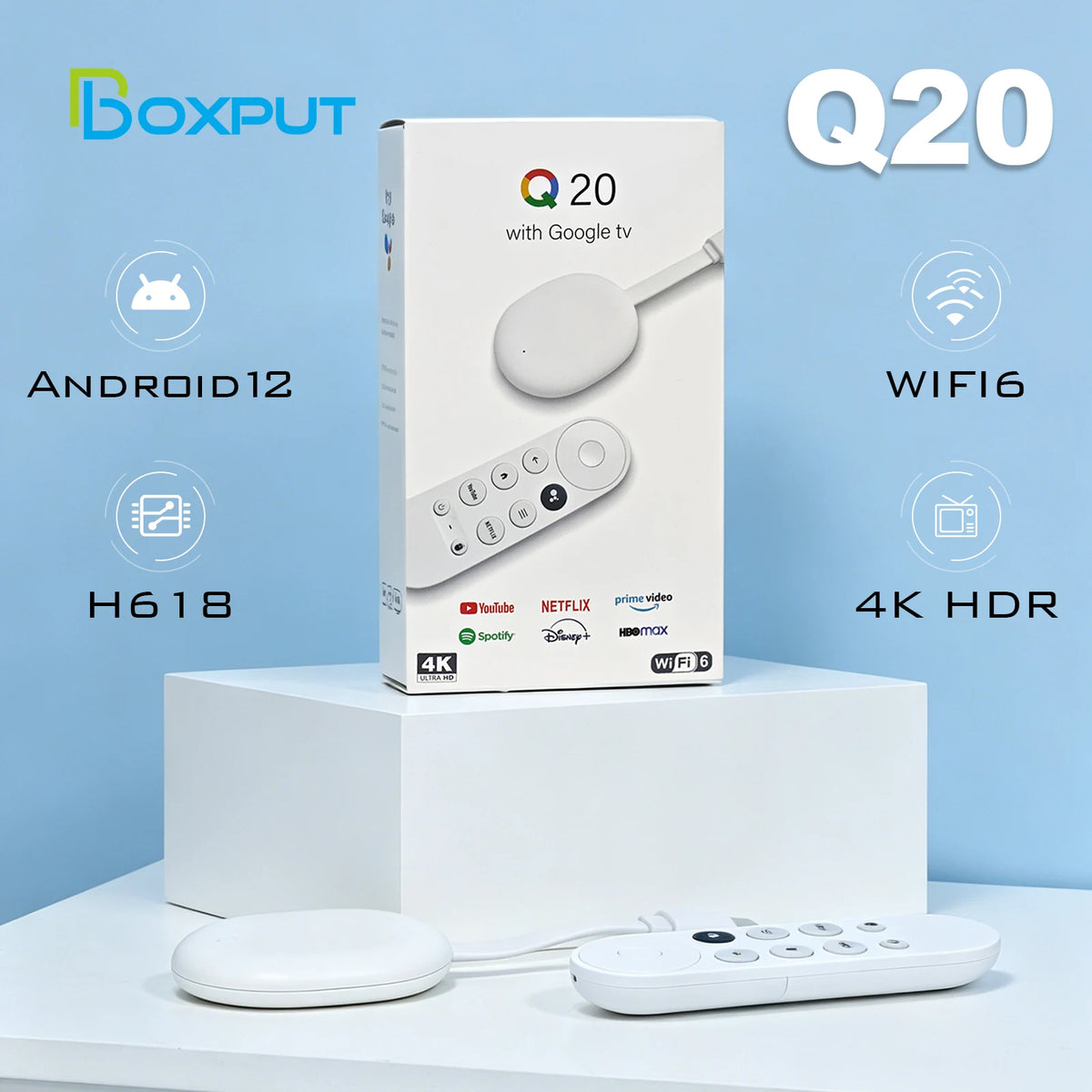 BOXPUT Q20 4K HDR TV Stick Allwinner H618 Android 12 Dual‑Band WiFi6 Android TV Launcher Streaming Player Bluetooth Voice Remote