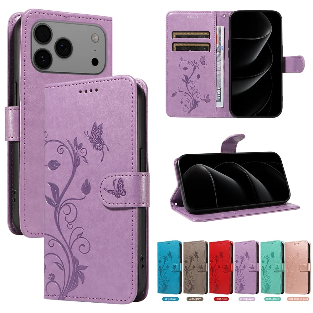 Butterfly Flower Leather Case For iPhone 17 Air 16 17e 16e 15 14 13 12 Mini 11 Pro Max Plus Flip Wallet Card Slot Book Cover
