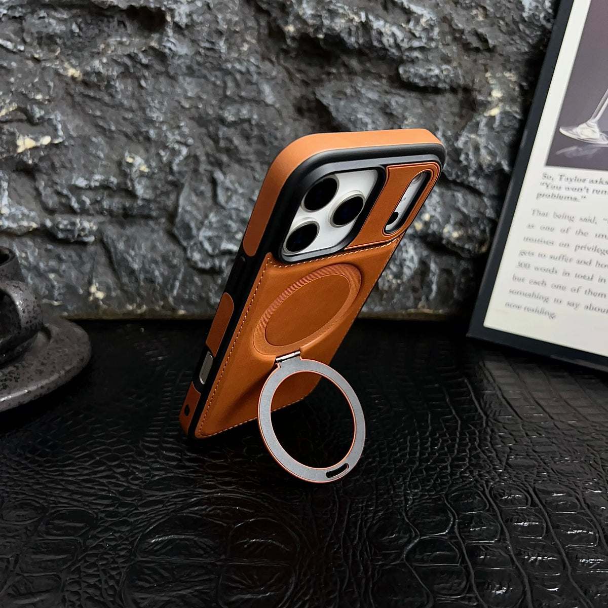 Luxury Magnetic Bracket Ring PU Leather Phone Case, For IPhone 17 16 15 Pro Max Air Magsafe Wireless Charging Hollow Logo Cover