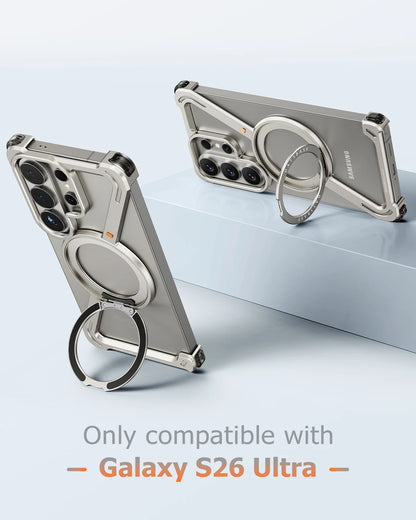 Eary Z Shape for Samsung Galaxy S26 Ultra Phone Case Frameless Metal Protective Case 360°Rotate Magnetic Stand Shockproof Cover
