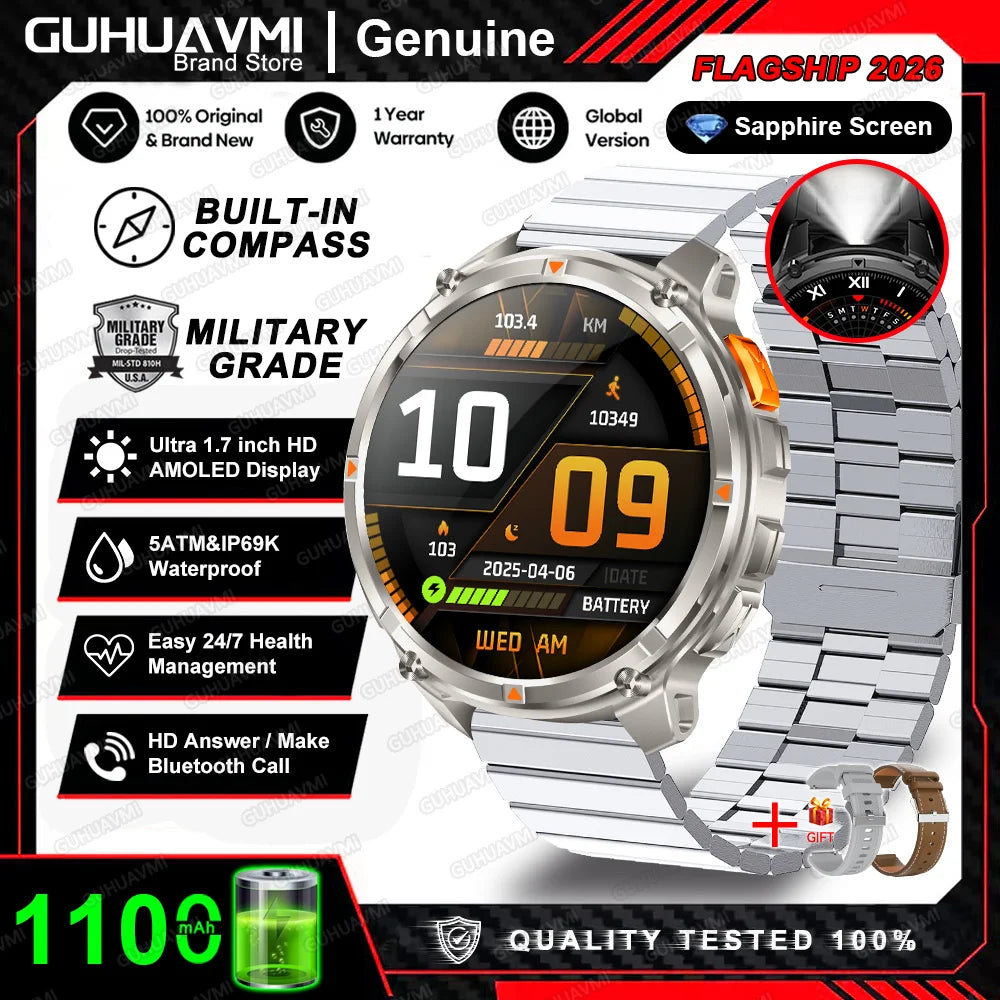 2026 New 1100mah AMOLED Smart Watch Men 170+Sport Fitness LED Flashlight IP69 Waterproof Bluetooth call GPS track Smartwatch iOS