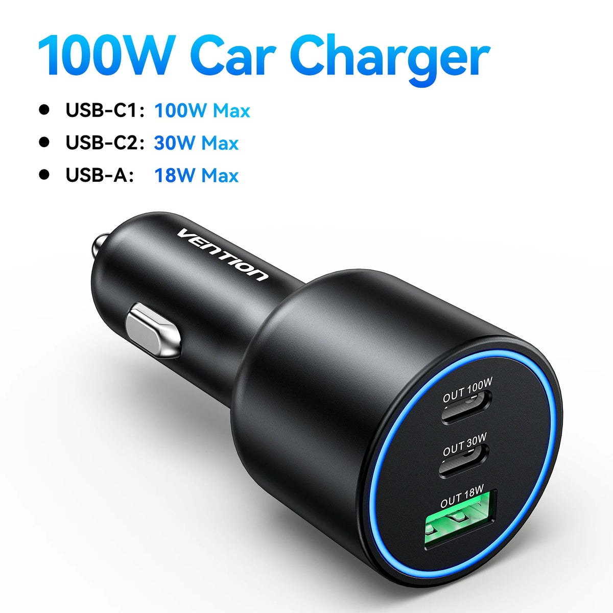 Vention 165W USB C Car Charger 3-Ports PD QC 4.0 45W For Samsung S25 iPhone 17 16 Macbook 100W Fast Charging Adapter With LED