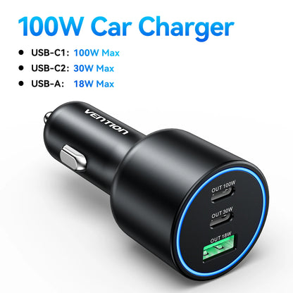 Vention 165W USB C Car Charger 3-Ports PD QC 4.0 45W For Samsung S25 iPhone 17 16 Macbook 100W Fast Charging Adapter With LED