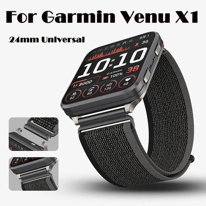 For Garmin Venu X1 Watch Strap Nylon Two-Section Wristband Smart Breathable Metal Mid-Ring Loop Replacement Watch Strap