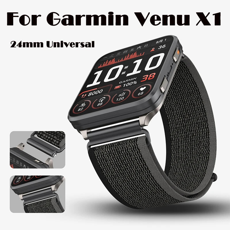 For Garmin Venu X1 Watch Strap Nylon Two-Section Wristband Smart Breathable Metal Mid-Ring Loop Replacement Watch Strap