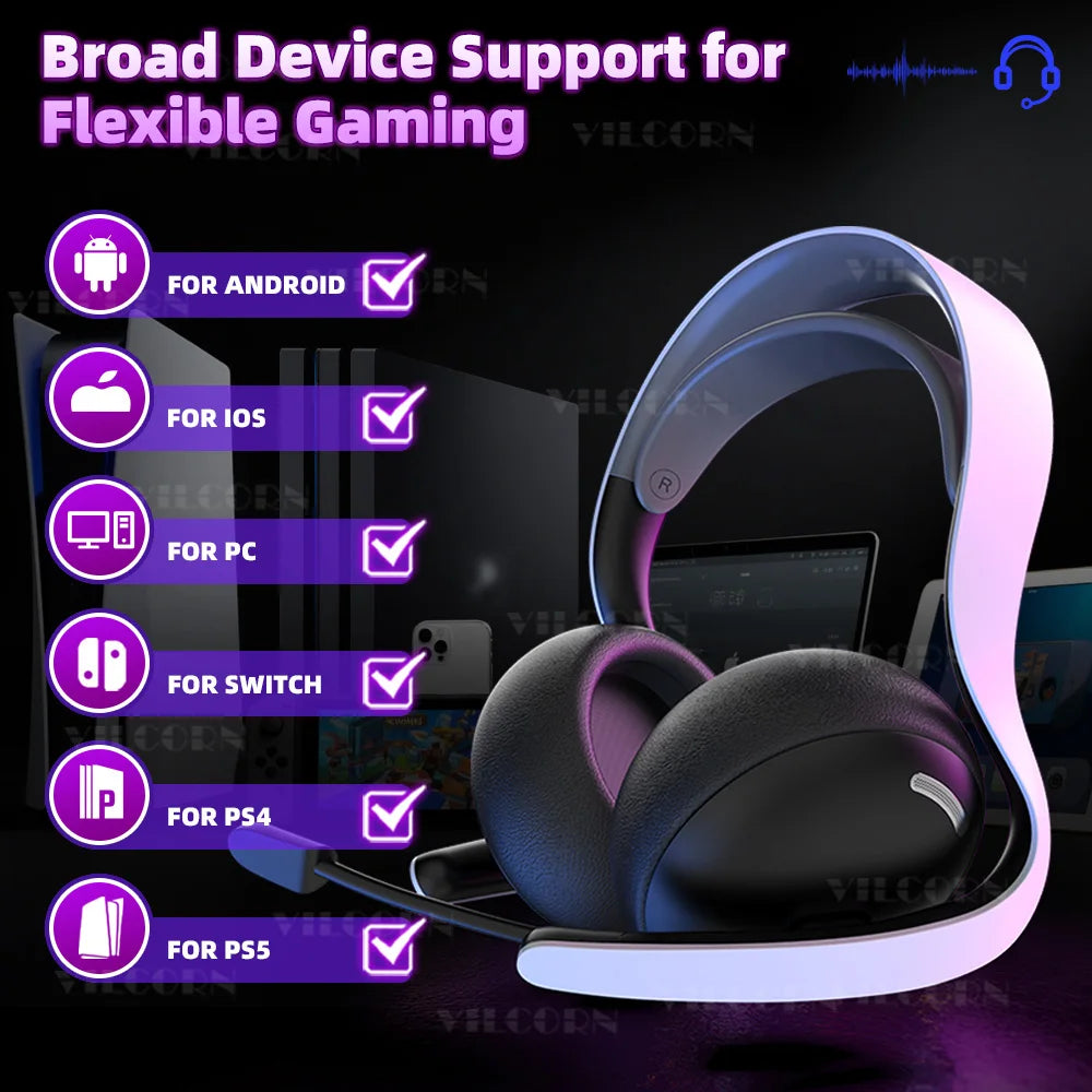 【2.4 GHz】Wireless Gaming Headset for PS5 PS4 PC Mac, BT Headphones with Retractable Microphone, 40mm Voice Coil, 50H Playtime