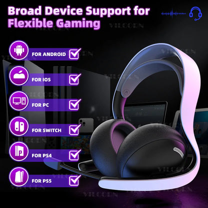 【2.4 GHz】Wireless Gaming Headset for PS5 PS4 PC Mac, BT Headphones with Retractable Microphone, 40mm Voice Coil, 50H Playtime