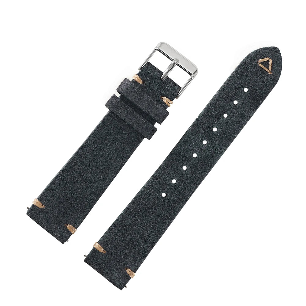Suede Leather Watch Strap 18mm 19mm 20mm 21mm 22mm 24mm Grey Vintage Band Replacement Wristband Handmade Stitching Watchband