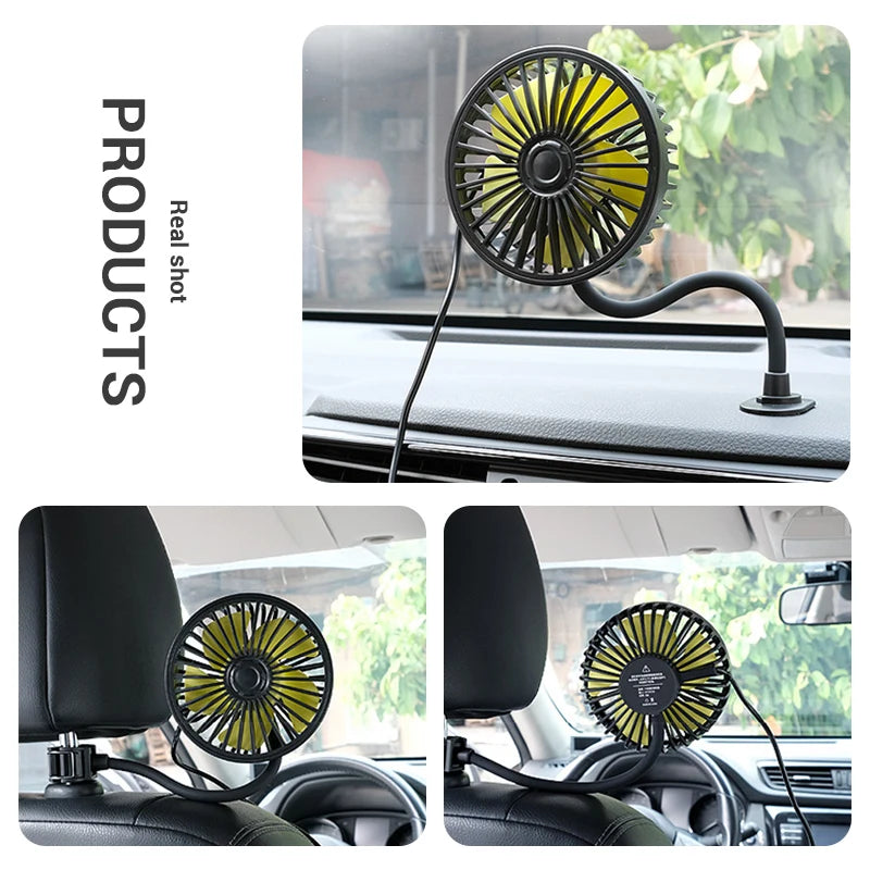 SEAMETAL Car Electric Fan Strong Wind 3-Speed Cooling Fan for Rear Seat Passenger Portable 360 Degree Rotatable Car Air Fan