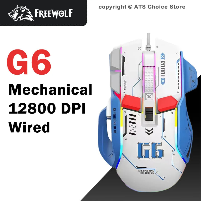 FreeWolf G6 Mechanical Wired Gaming Mouse 12800 DPI RGB Backlit Macro Ergonomic Mecha Design Ergonomic Gaming Office