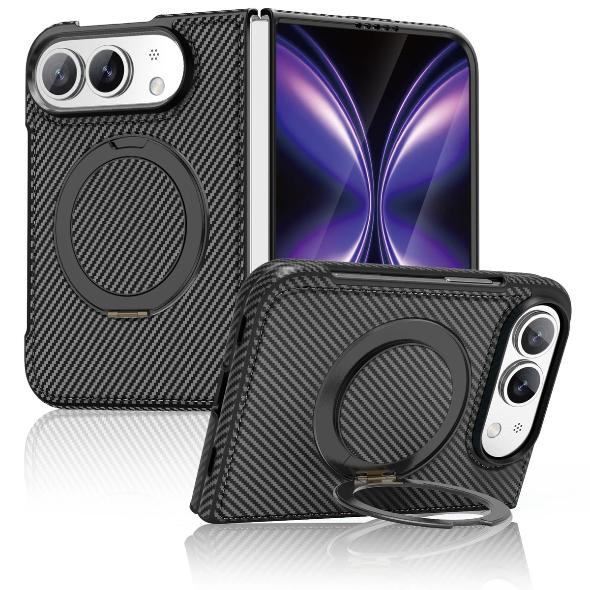 For iPhone Duo Case Luxury Carbon Fiber Texture Magnetic 360 Rotating Ring Holder Shockproof Protection Back Cover Accessories