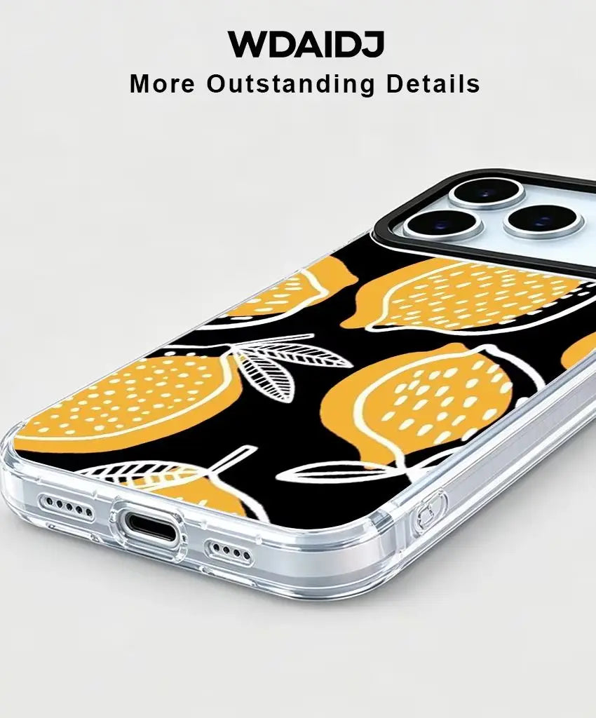 Hand Drawn Yellow Lemon Sketch Phone Case Black Base Citrus Art For iPhone 13 14 15 16 17