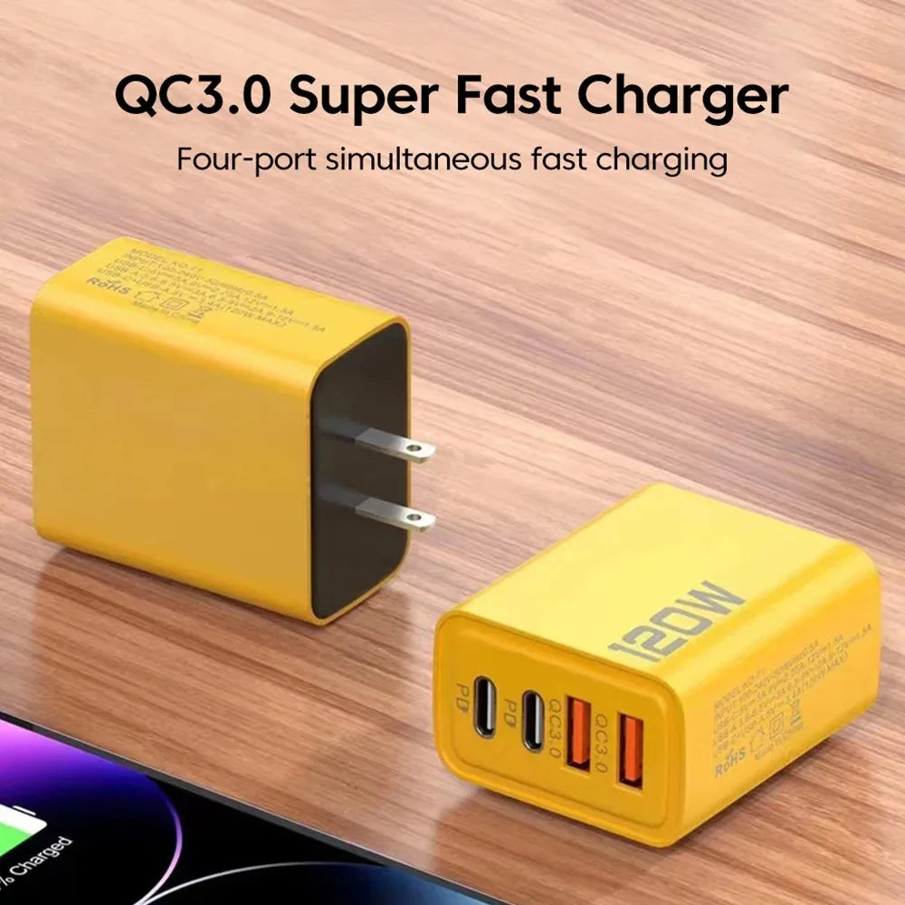 120W 4 Ports USB Charger Fast Charge Phone Charger Adapter Type C Cable For iPhone Samsung Xiaomi EU/US/UK Plug Wall Charger