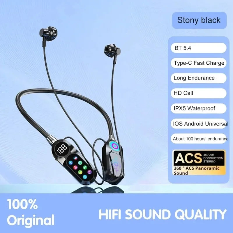 HD Screen Earphones Bluetooth 5.4 Headphones Neckband Headsets TWS Wireless Earbuds HiFi Stereo Voice Assistant Support TF Play