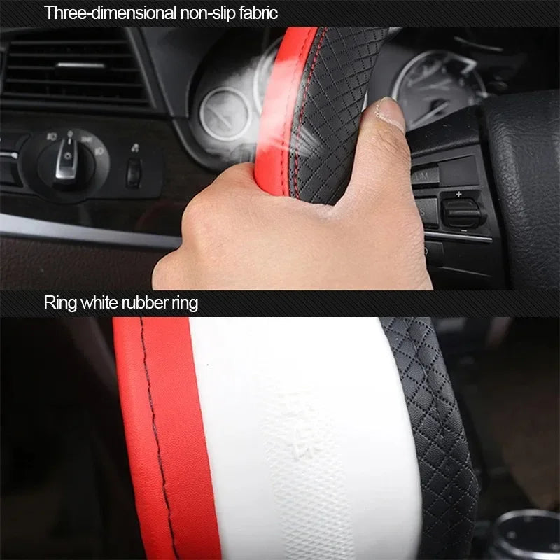 Perforated Nappa Leather Car Steering Wheel Cover Warm in Winter and Cool in Summer, Universal 15 Inch, Anti-Slip, Odorless