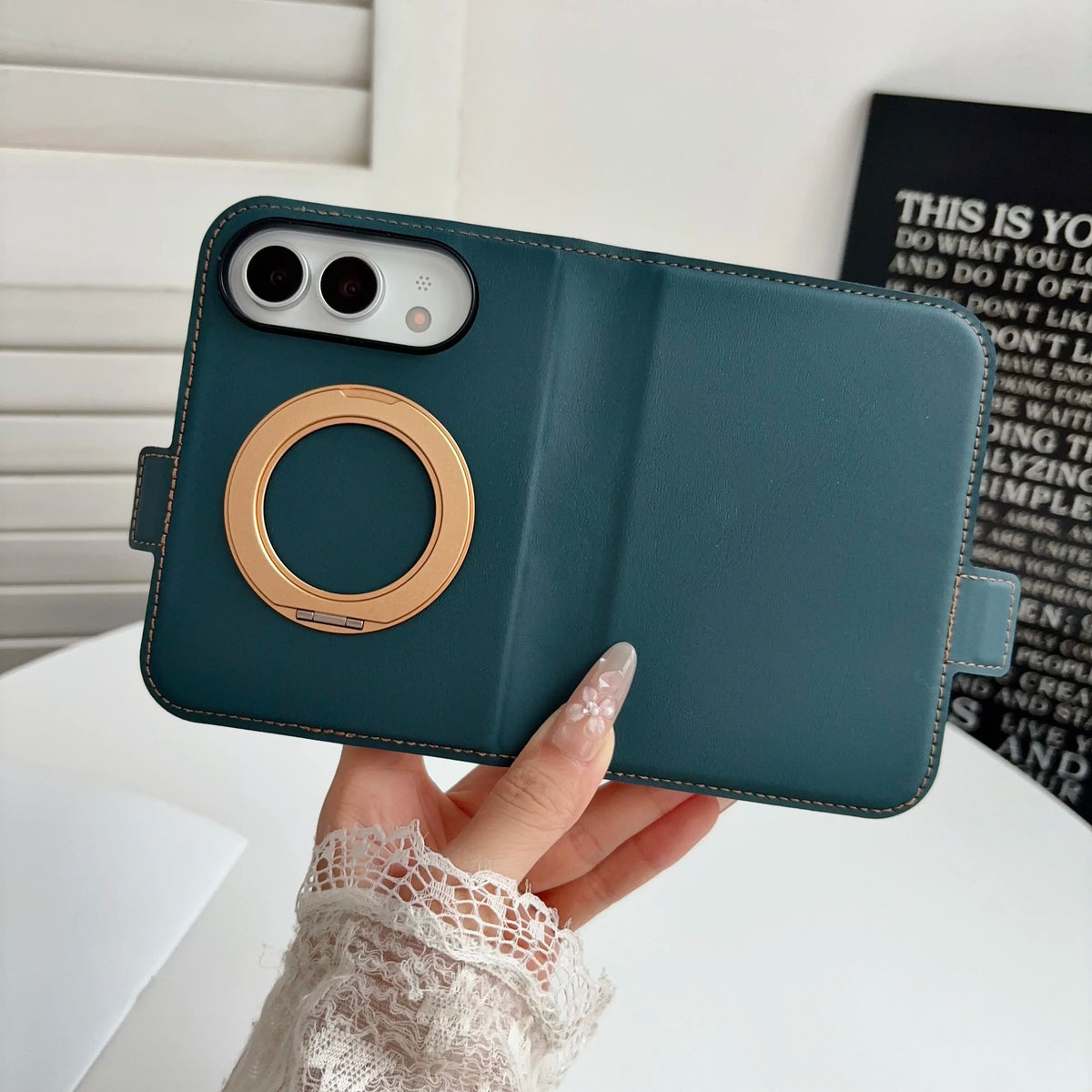 Invisible Support Bracket Card Holder Bag Phone Case For iPhone Duo 18 Fold 360 Degree Rotating Bracket Leather Wallet Cover