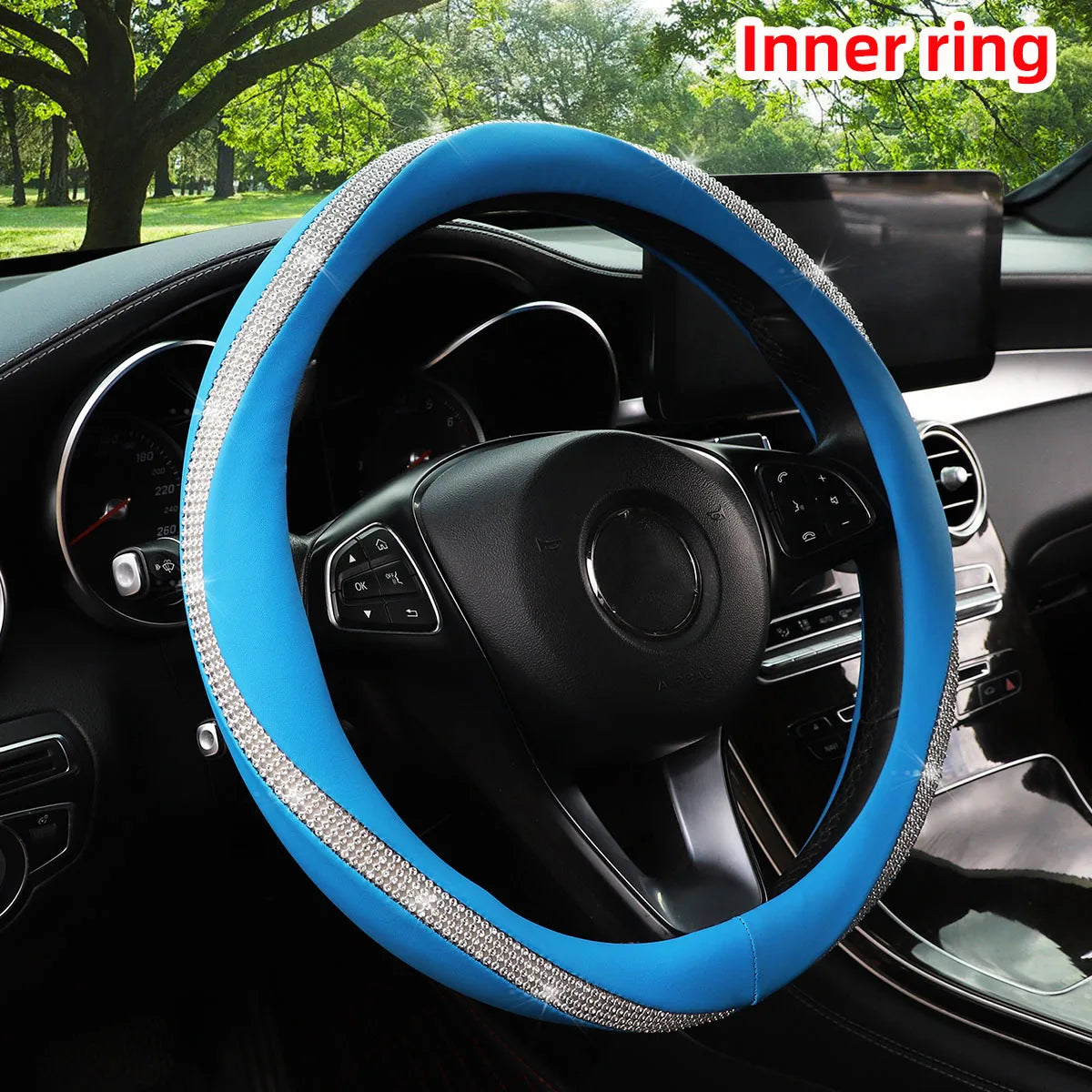 Women's PU Leather Car Interior Wheel Cover with Flashing Mesh Rhinestones for 14.5-15 Inch Car Accessories