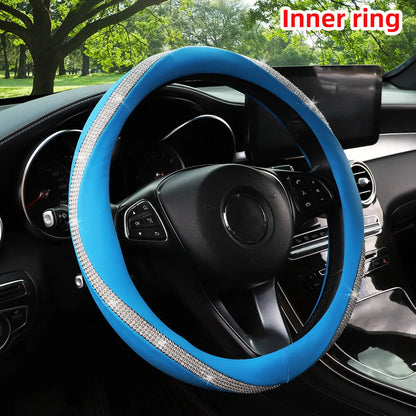 Women's PU Leather Car Interior Wheel Cover with Flashing Mesh Rhinestones for 14.5-15 Inch Car Accessories