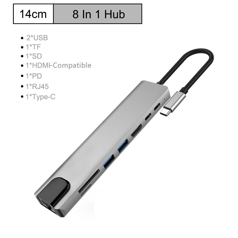 8in1 USB C Docking Station Hub Type-C Thunderbolt3 To 4K UHD TF/SD Card Reader USB 2.0 100M RJ45 Ethernet PD Charging Splitter